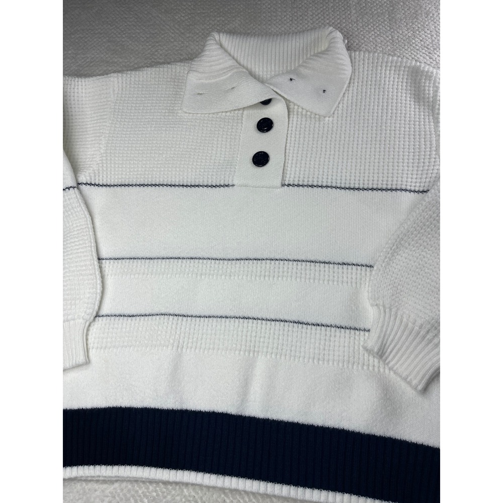 COMMENSE Women's Striped Knit Polo Sweater‎ Size M White Navy Long Sleeve